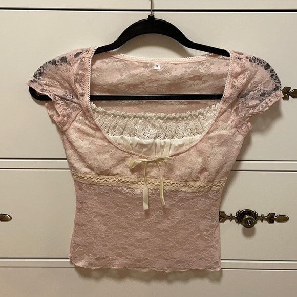 Tops - Chloe Elizabeth dupe lace milkmaid puff sleeve pink ruffle top coquette